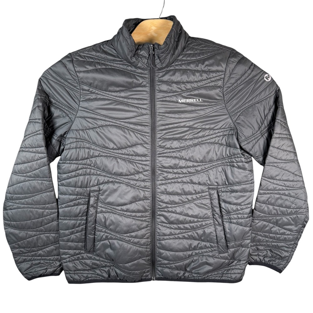 Merrell Puffer Jacket Mens Medium Gray Quilted Down Fill Ripstop Full Zip Warm